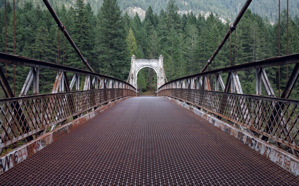 an outdoor bridge with a forest in the background